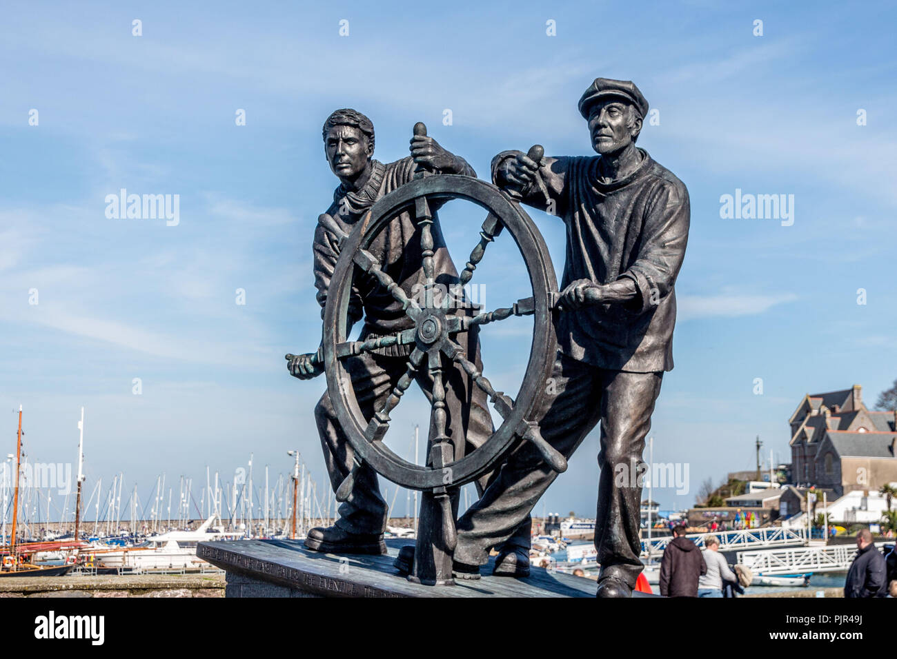 Brixham man & boy fisherman bronze statue, Brixham harbour, Devon, UK
