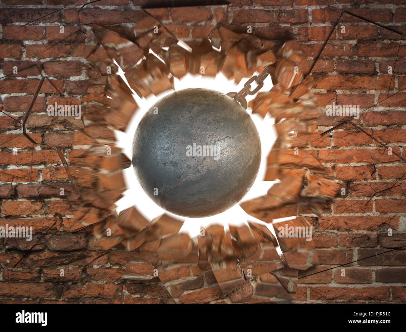 Wrecking ball destroying the brick wall. 3d illustration Stock Photo