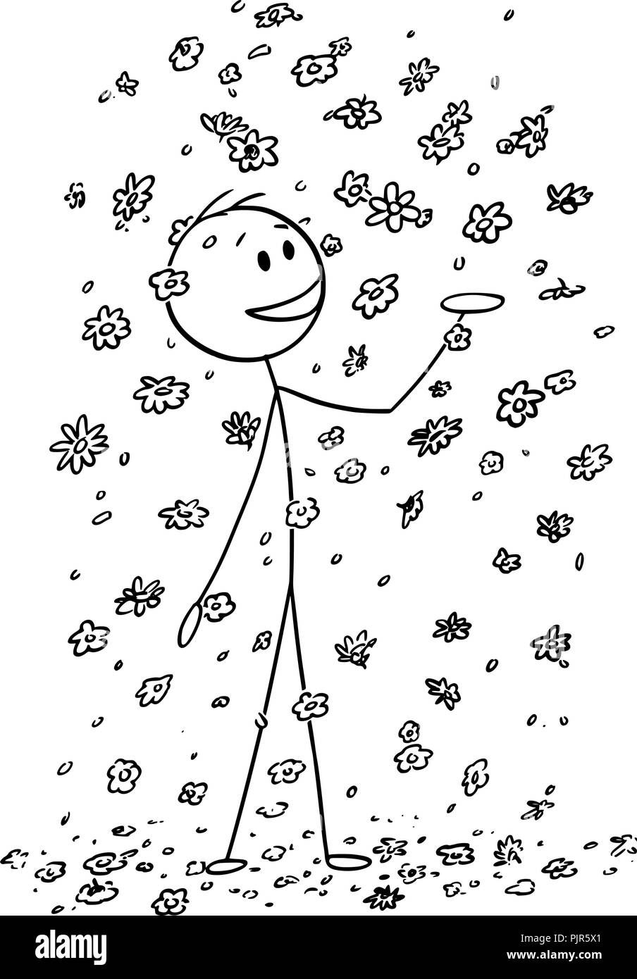 Cartoon of Happy Man Surrounded by Falling Flowers or Blossoms Stock Vector