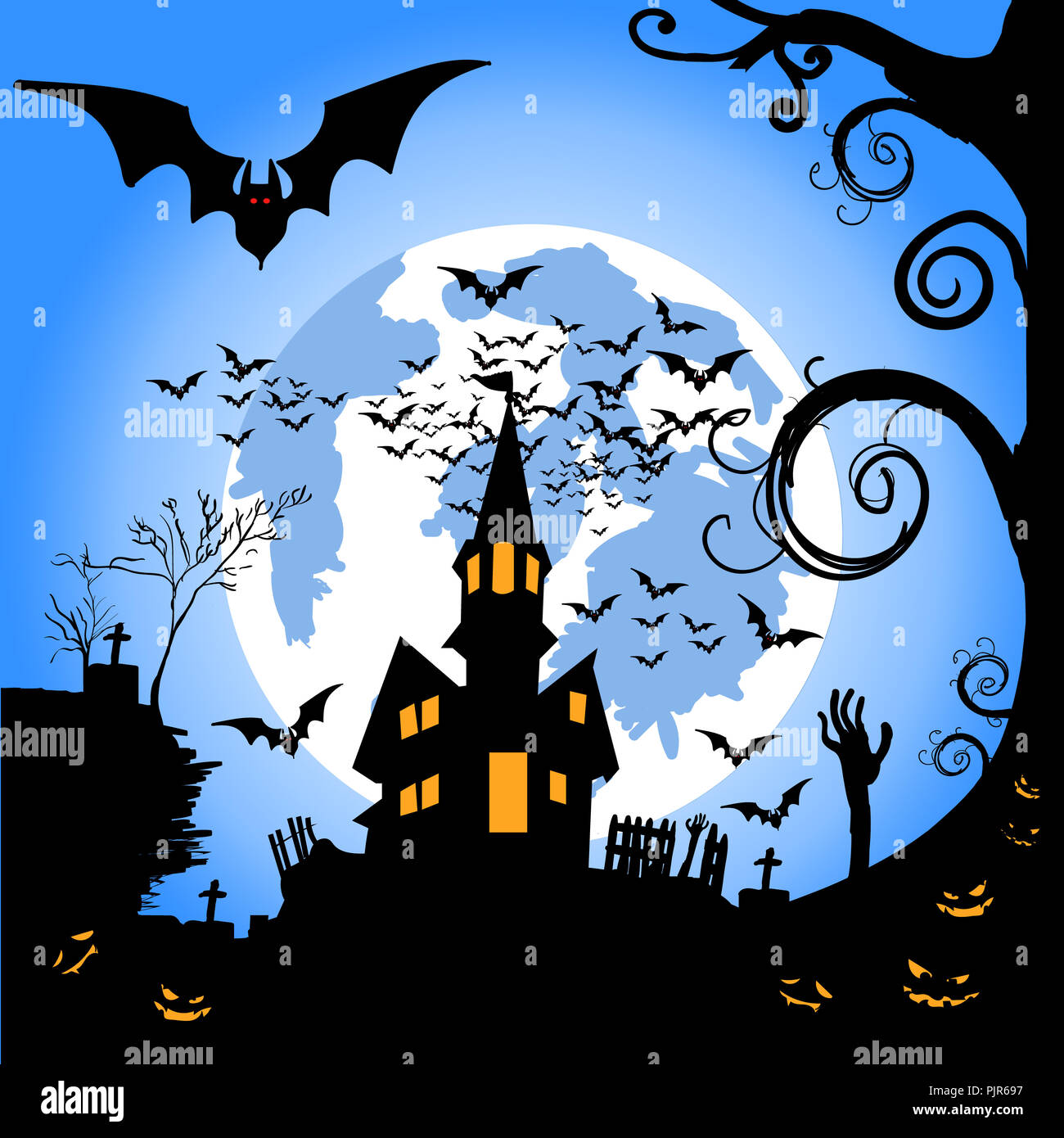 Halloween night with Moon and bats, illustration Stock Photo - Alamy