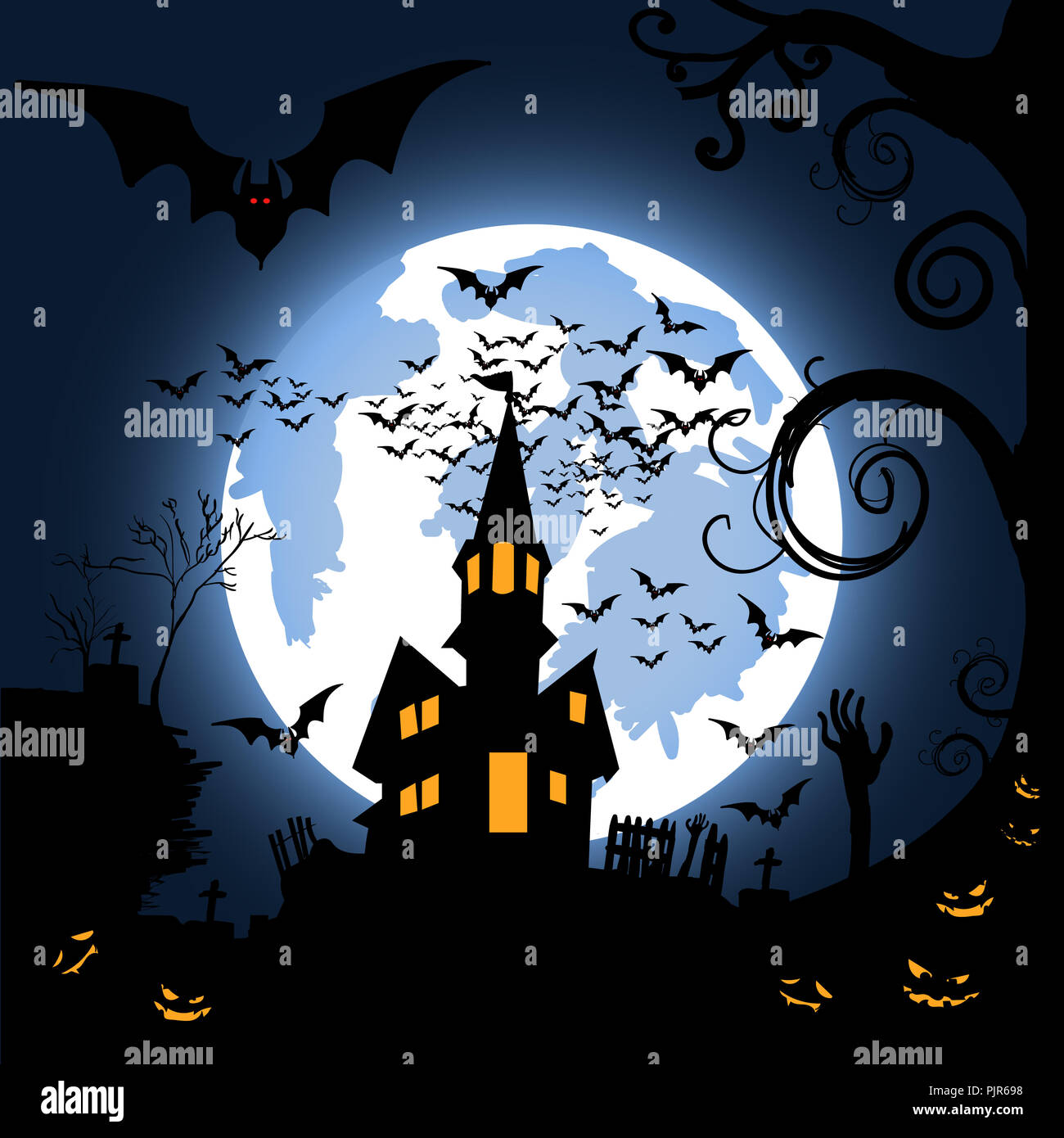 Halloween night with Moon and bats, illustration Stock Photo - Alamy