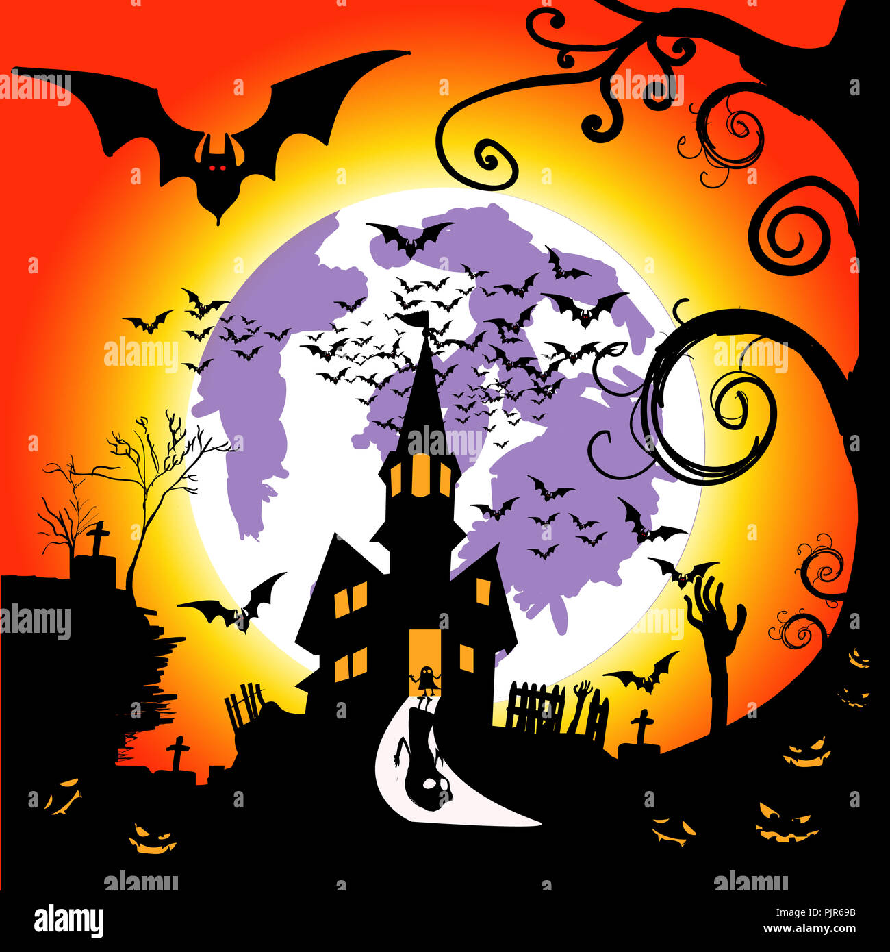 Halloween night with Moon and bats, illustration Stock Photo - Alamy