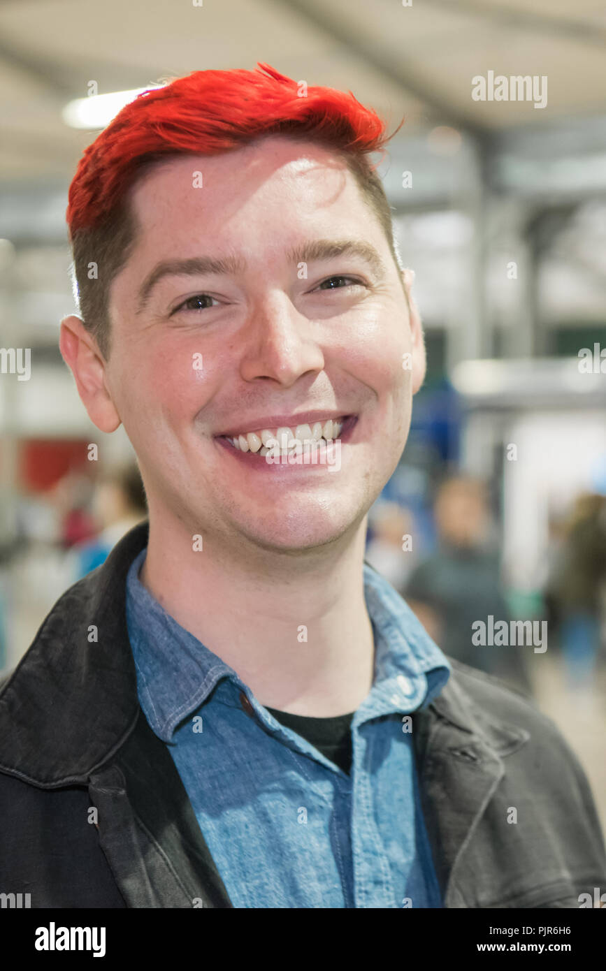 Lisburn, Northern Ireland. 08/09/2018 - Chad Ryan Johnson (OMGChad), a video blogger who hosts the Minecraft Vlog OMGCraft and the weekly video podcast Giz Wiz, with his characteristic red hair attends a Minecraft conference in Northern Ireland Stock Photo