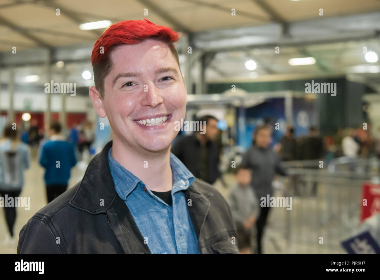 Lisburn, Northern Ireland. 08/09/2018 - Chad Ryan Johnson (OMGChad), a video blogger who hosts the Minecraft Vlog OMGCraft and the weekly video podcast Giz Wiz, with his characteristic red hair attends a Minecraft conference in Northern Ireland Stock Photo