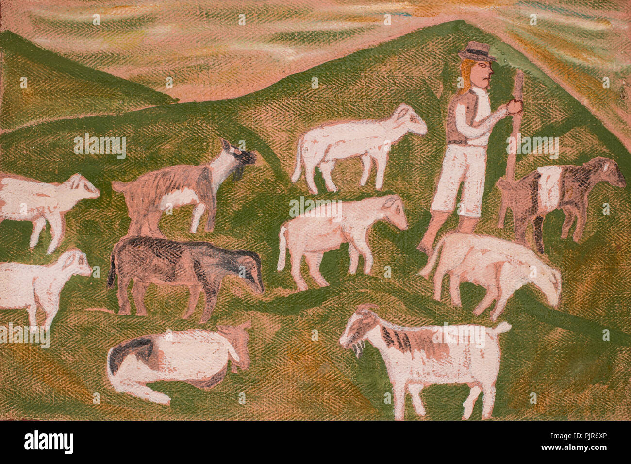 Naive style painting depicting a village life event outdoors