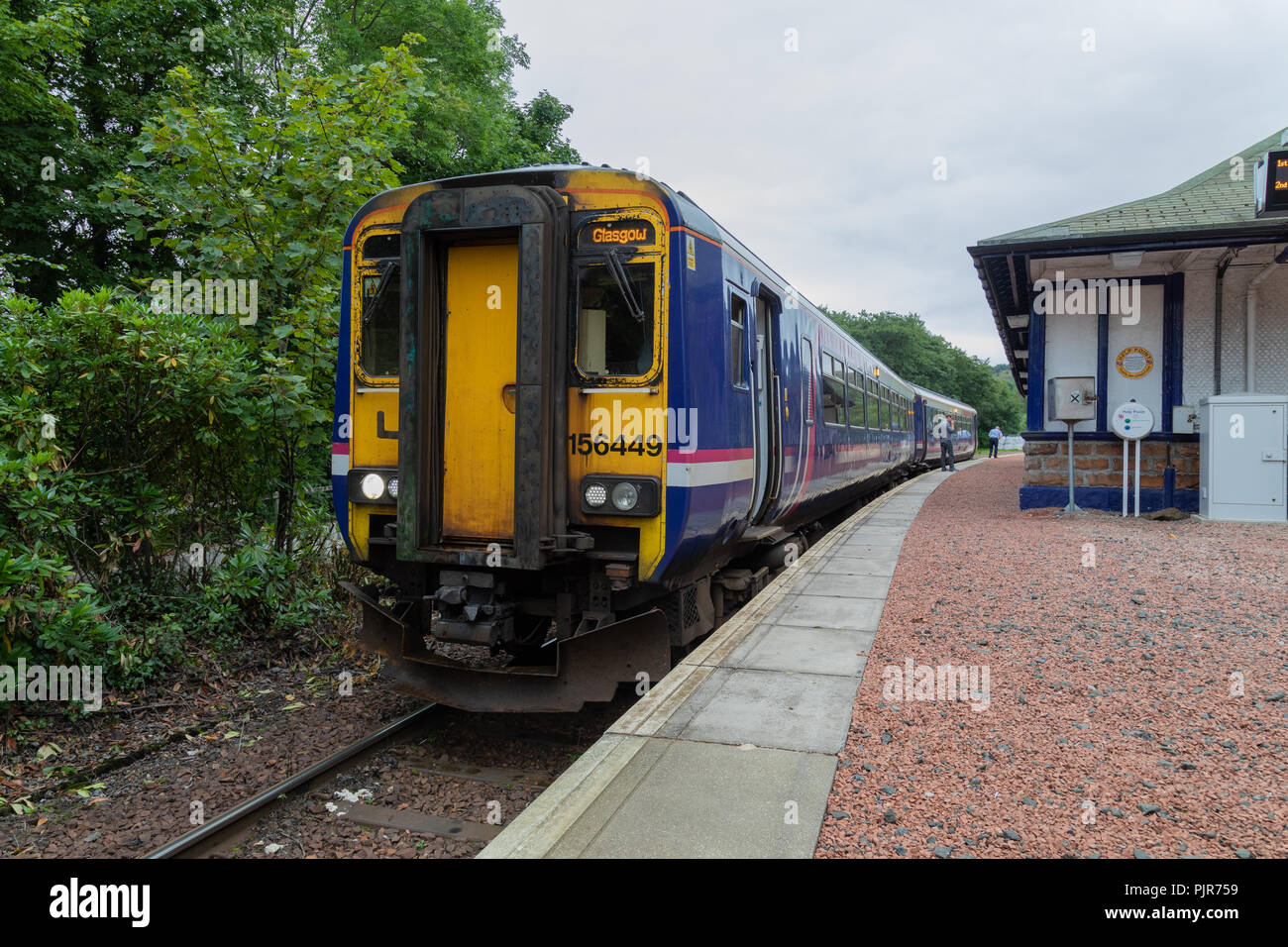 A Scotrail Class 156 Diesel Multiple Unit train at Garelochhead train station in Argyll and Bute, Scotland Stock Photo