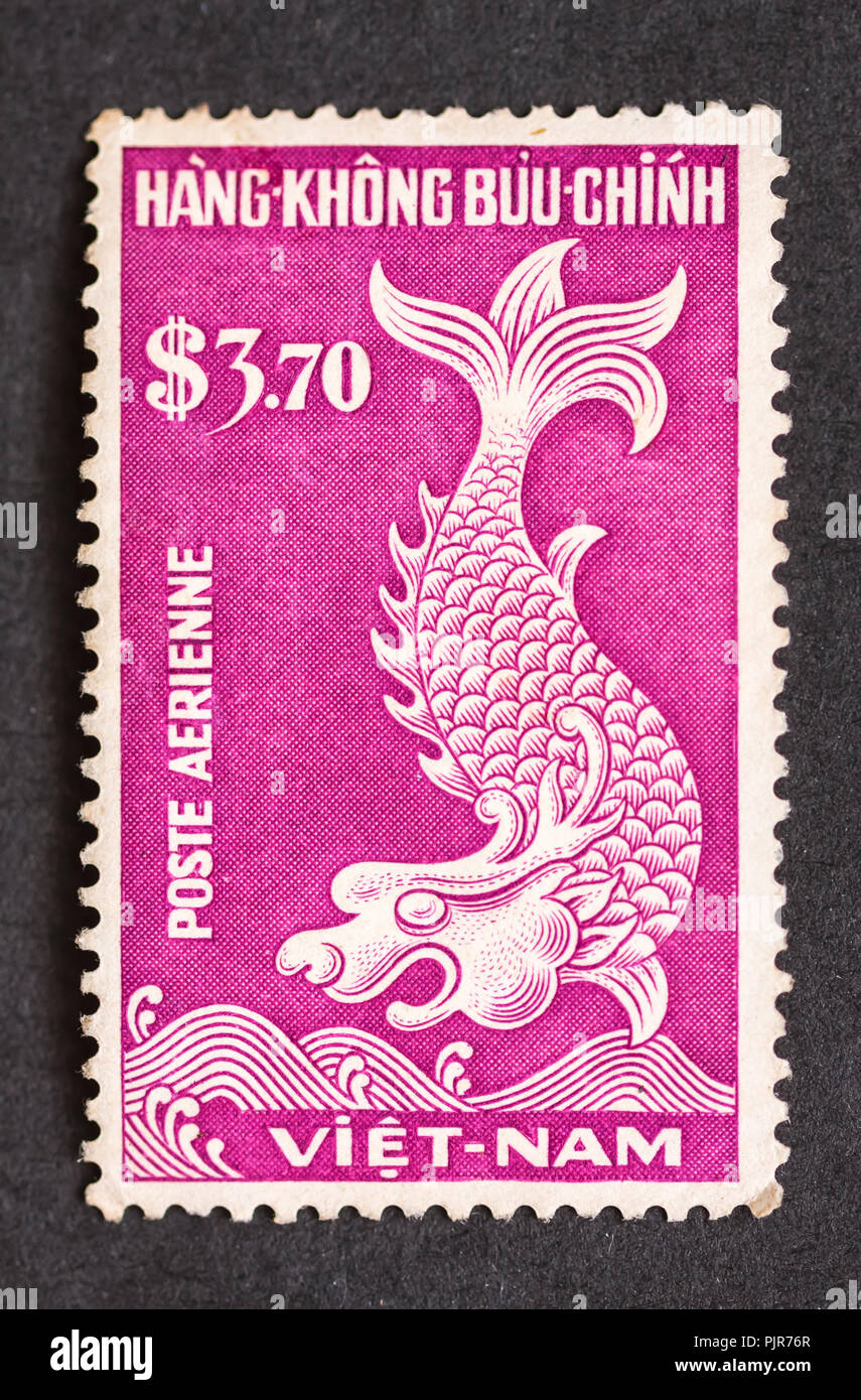 Canceled airmail stamp from Vietnam Republic depicting mythical creature. Stock Photo