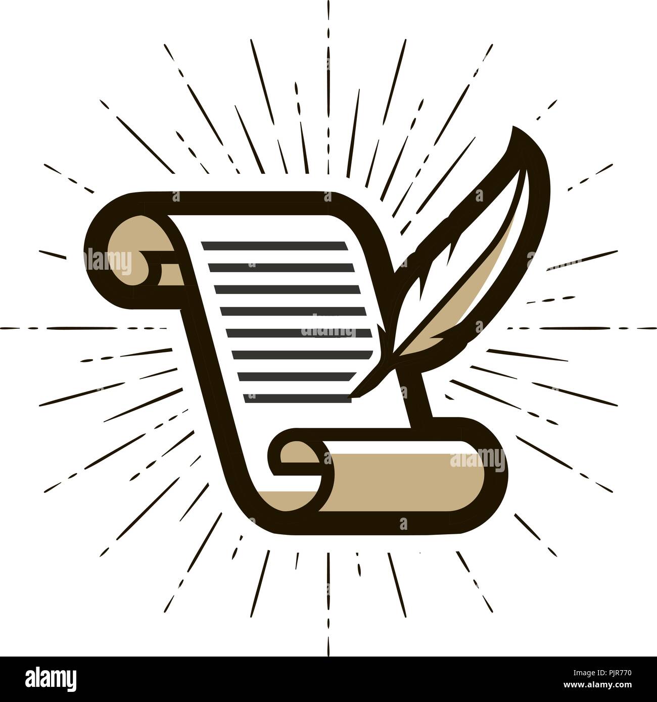 Document, contract logo or label. Literature, letter, quill pen and paper icon. Vector illustration Stock Vector