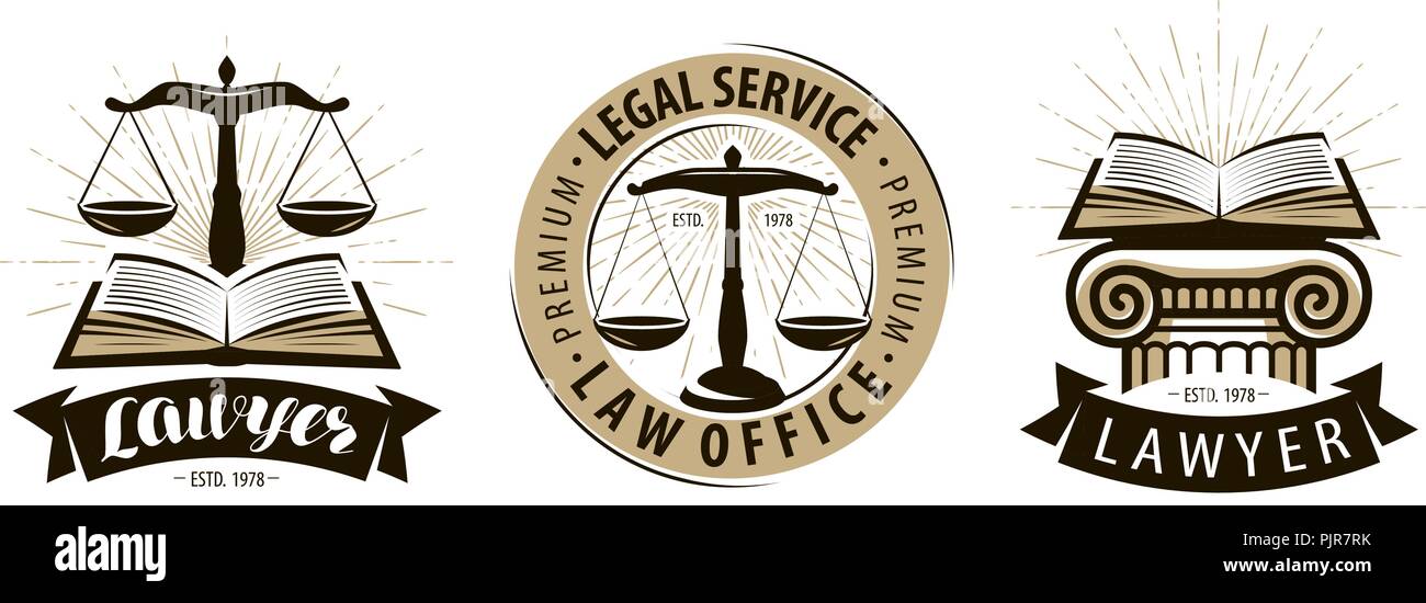 Lawyer, law office logo or label. Legal services, justice, judicial scales symbol. Vector Stock Vector