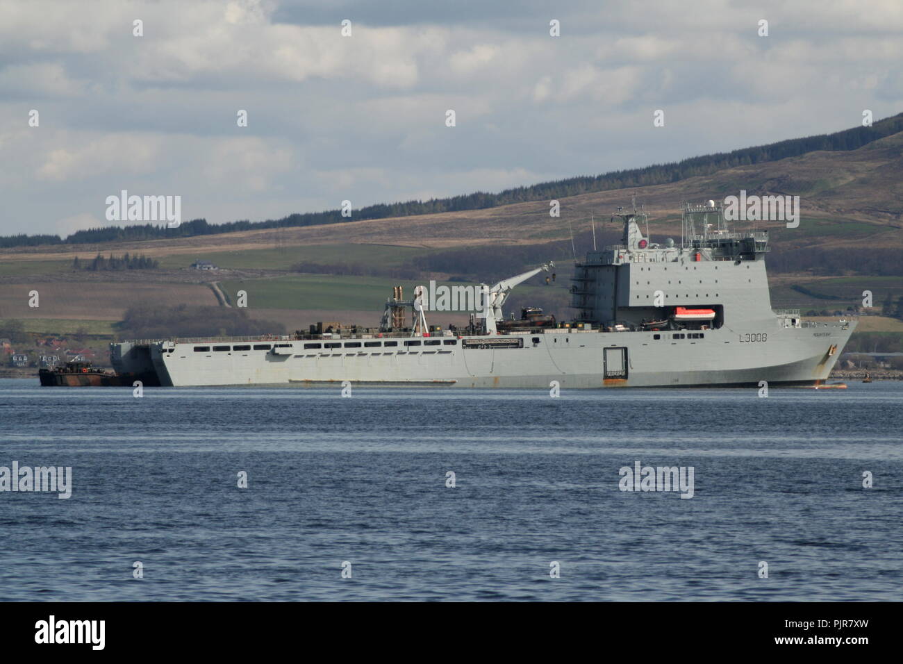 RFA Mounts Bay (L3008), a Bay-class landing ship dock operated by the Royal Fleet Auxiliary, off Greenock during Exercise Joint Warrior 12-1. Stock Photo