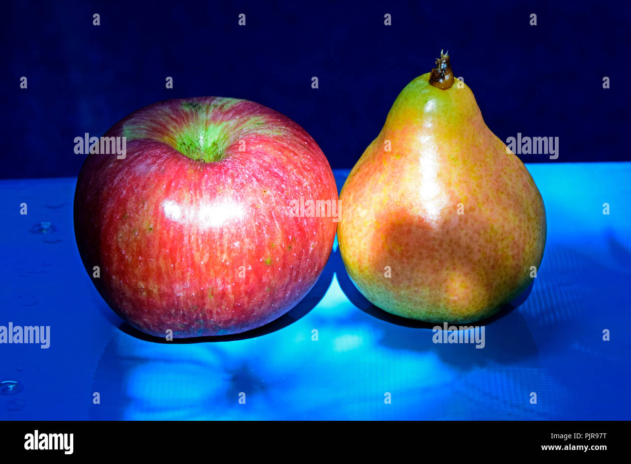 A streaked red apple and a yellow pear on a blue background Stock Photo