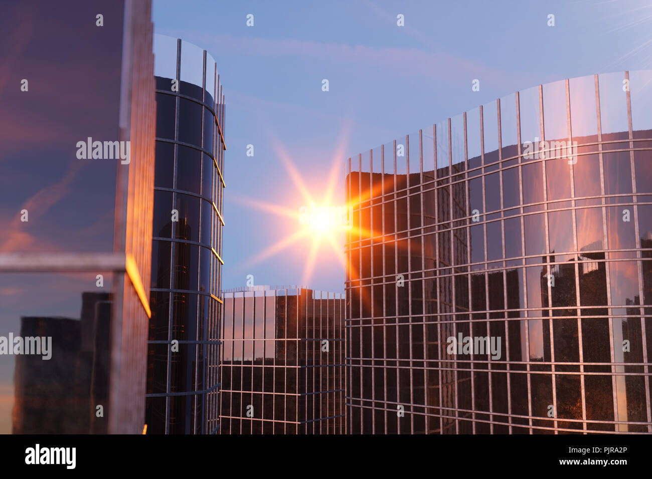 3D Illustration Skyscrapers from a low angle view. Architecture glass ...