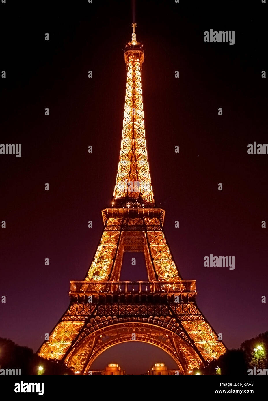 Eiffel Tower illuminated at night from the Champ de Mars, Paris, France Stock Photo