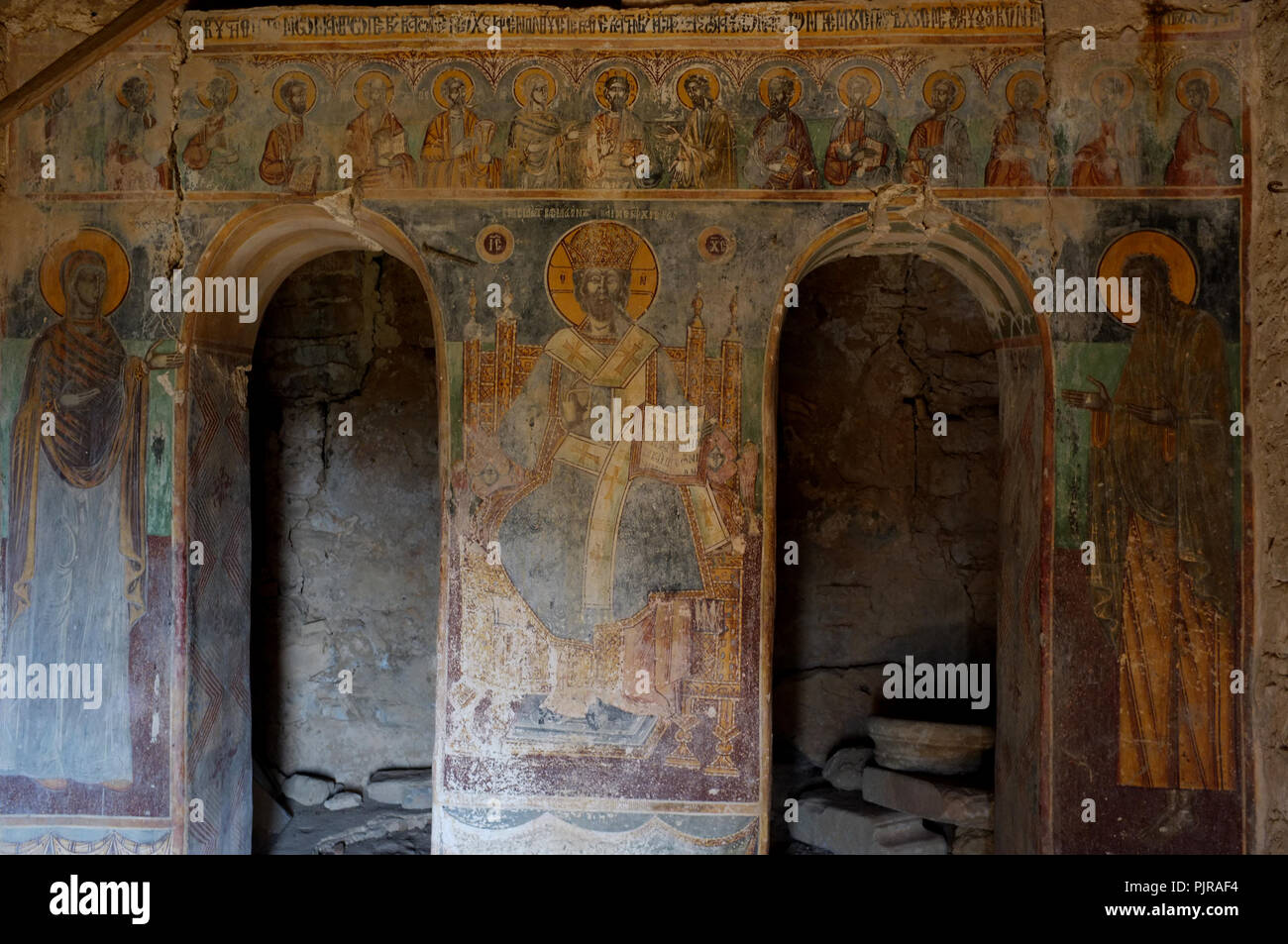 The interior of Bruce Chatwin’s resting place, the tiny church of Saint Aghios Nicolaos, Xohori, North of Kardamyli in The Mani, Greece. Stock Photo