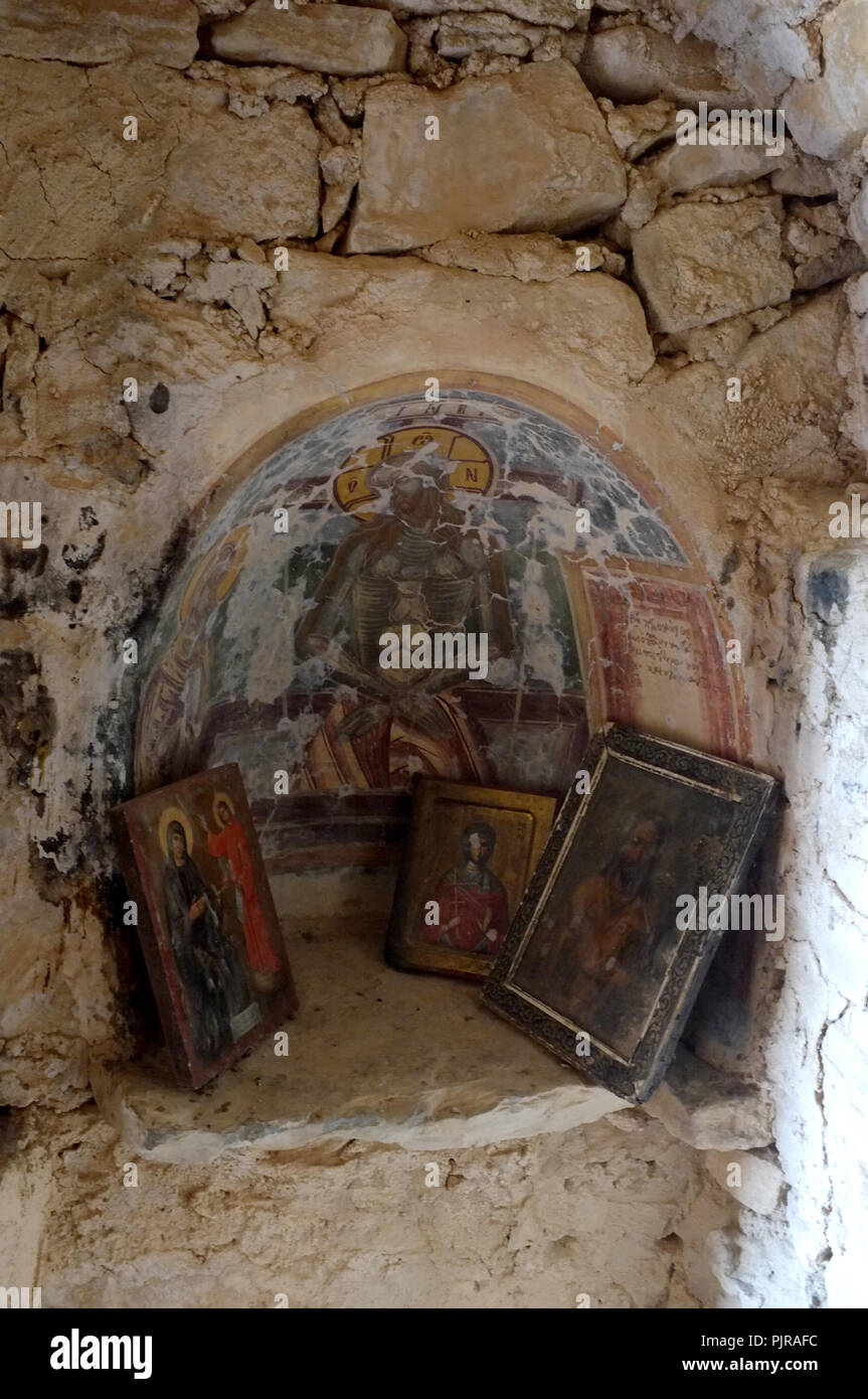The interior of Bruce Chatwin’s resting place, the tiny church of Saint Aghios Nicolaos, Xohori, North of Kardamyli in The Mani, Greece. Stock Photo