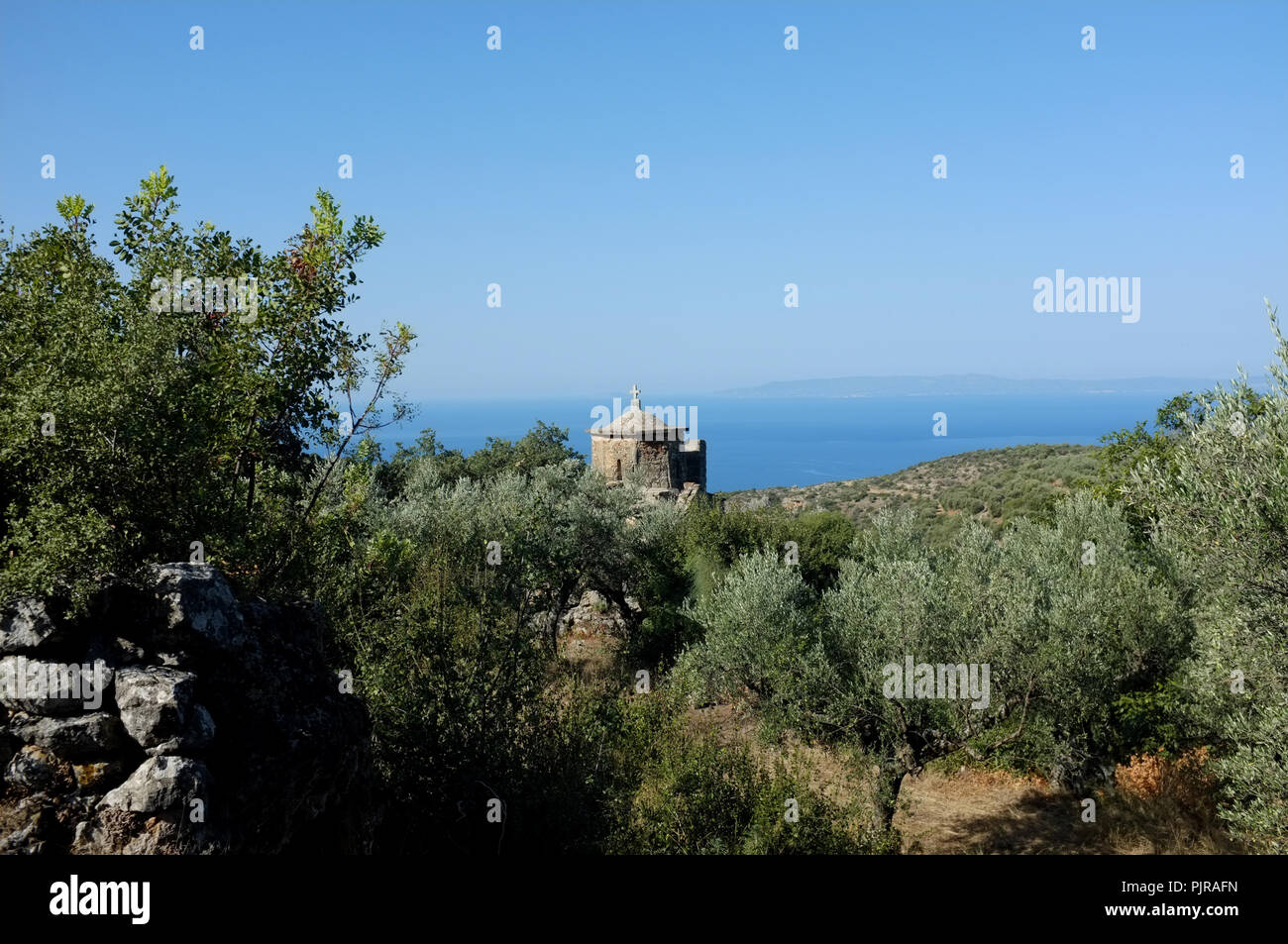Bruce Chatwin’s resting place, the tiny church of Saint Aghios Nicolaos, Xohori, North of Kardamyli in The Mani, Greece. Stock Photo