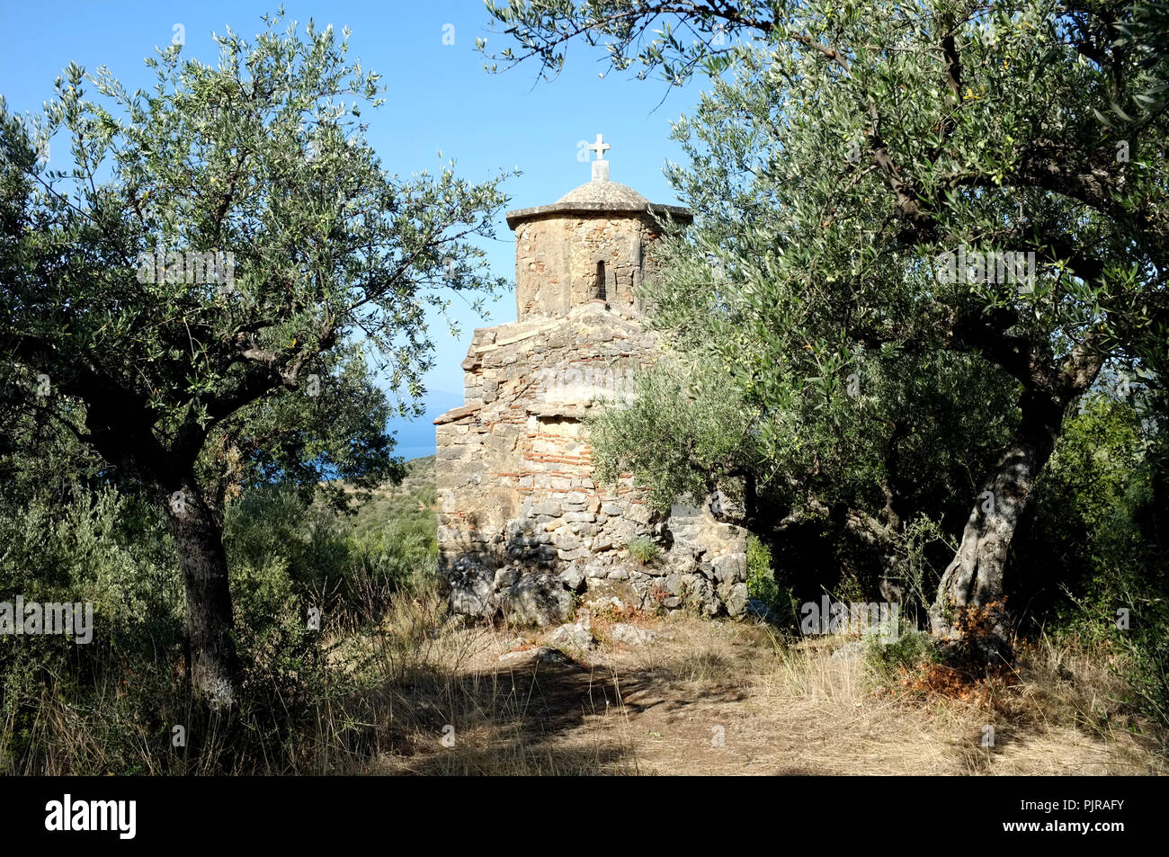 Bruce Chatwin’s resting place, the tiny church of Saint Aghios Nicolaos, Xohori, North of Kardamyli in The Mani, Greece. Stock Photo