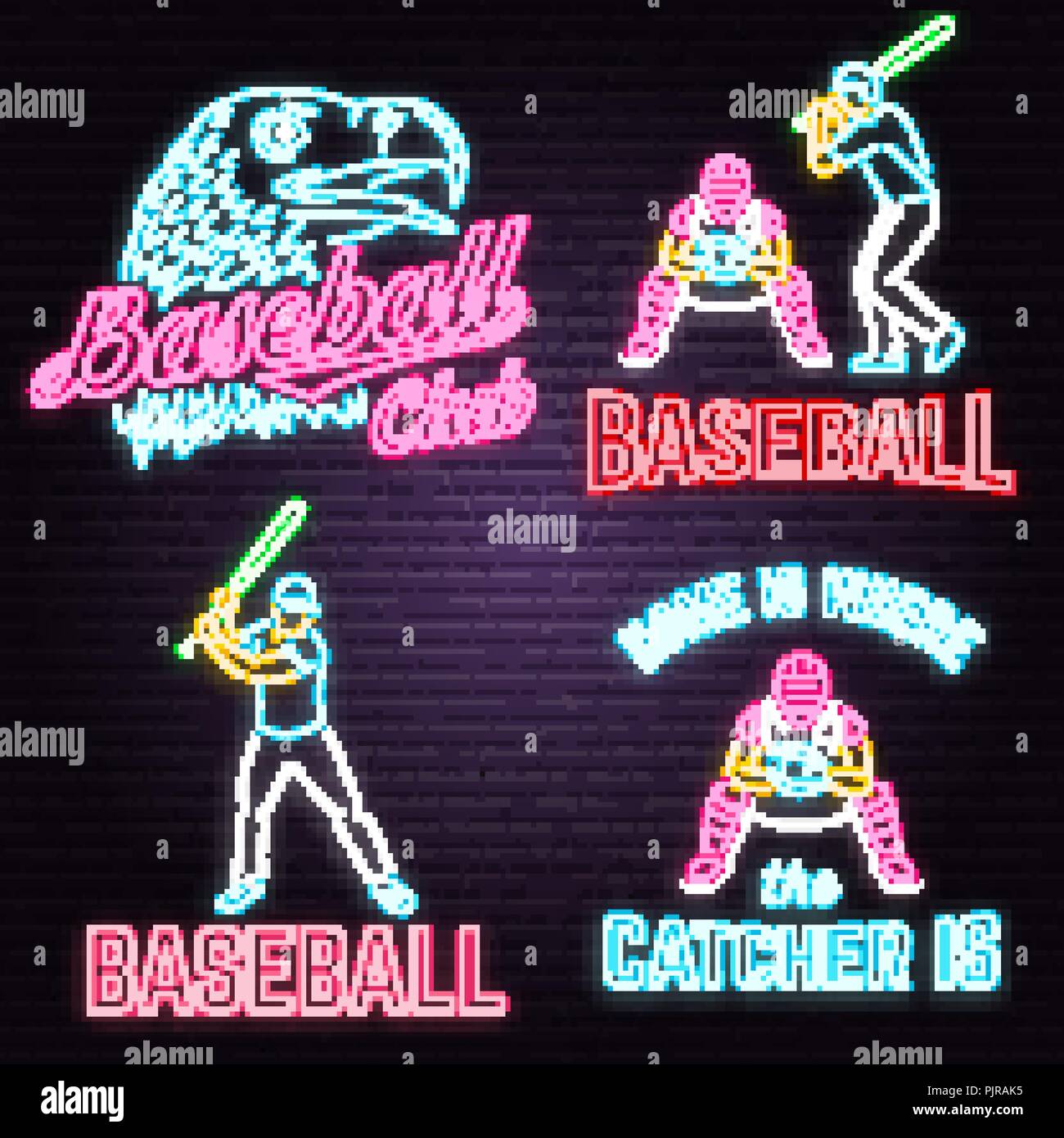 Set of Neon Baseball club badges. Vector. Concept for shirt or logo, print, stamp or tee. Neon style design with golden eagle and baseball club text silhouette. Night bright advertisement Stock Vector