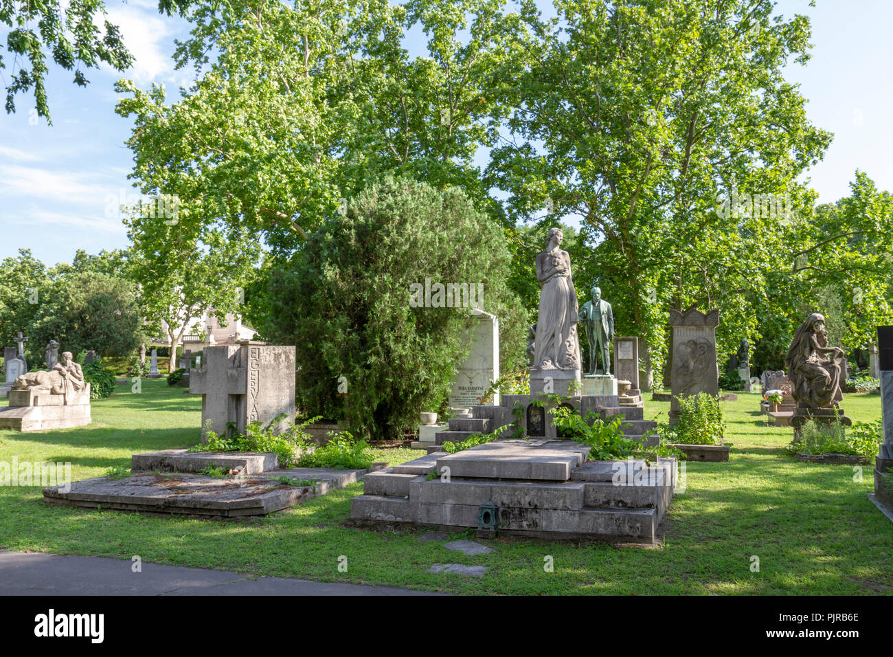 General view of graves and headstones in the Kerepesi Cemetery (Fiume Road National Graveyard), Budapest, Hungary. Stock Photo