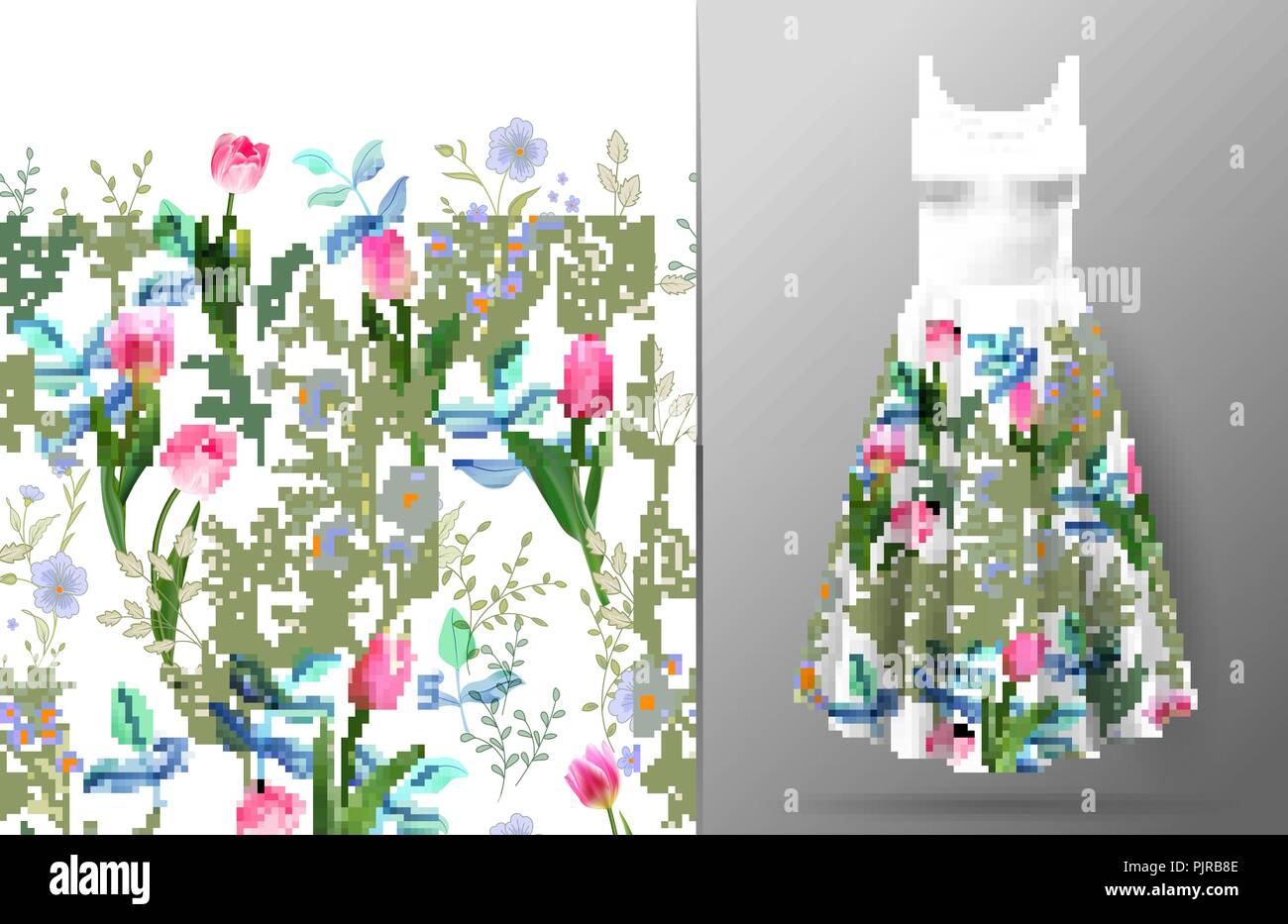 Cute pattern in small wildflowers and tulips. Seamless background and seamless border. An example of the pattern of the dress mock up. Vector illustration. Stock Vector