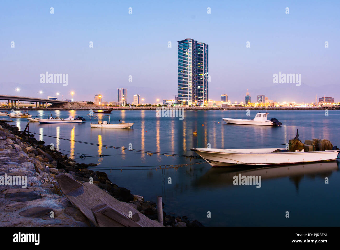 Ras Al Khaimah creek lake view at dusk, northern emirate of the UAE Stock Photo