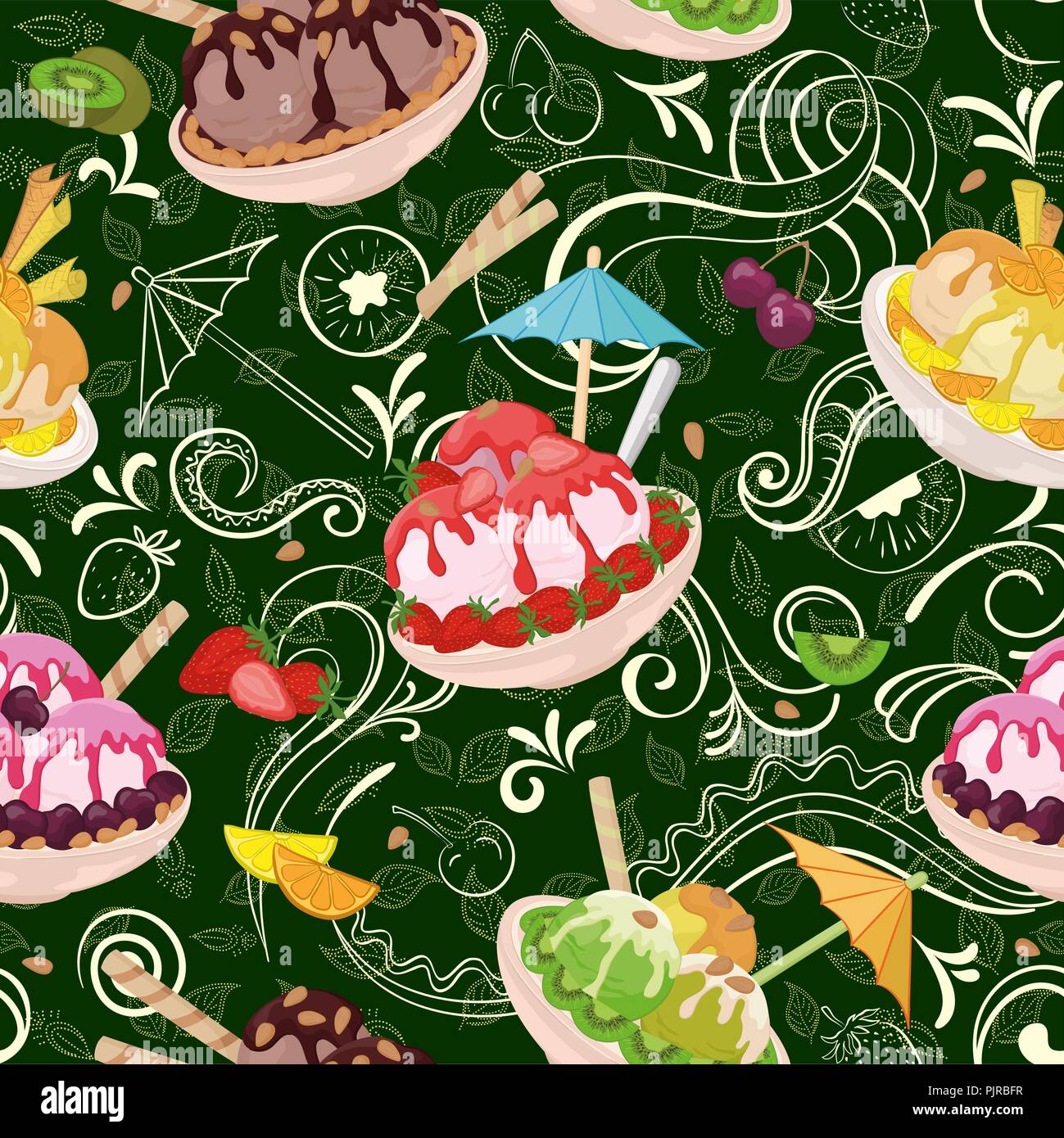 Seamless Pattern, Cups and Glasses, Ice Cream with Berries, Waffles, Nuts and Sweet Syrup on Background with White Outline Pictograms. Vector Stock Vector
