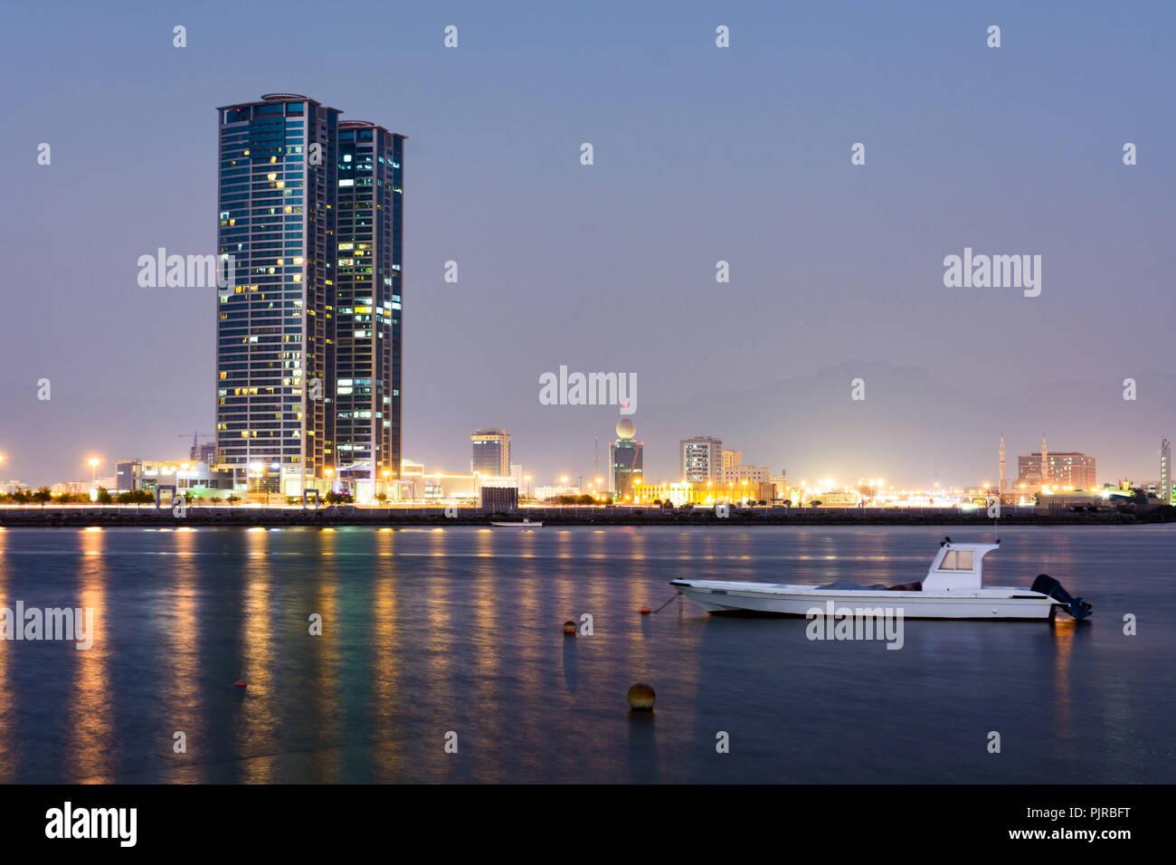 Ras Al Khaimah creek lake view at dusk, northern emirate of the UAE Stock Photo