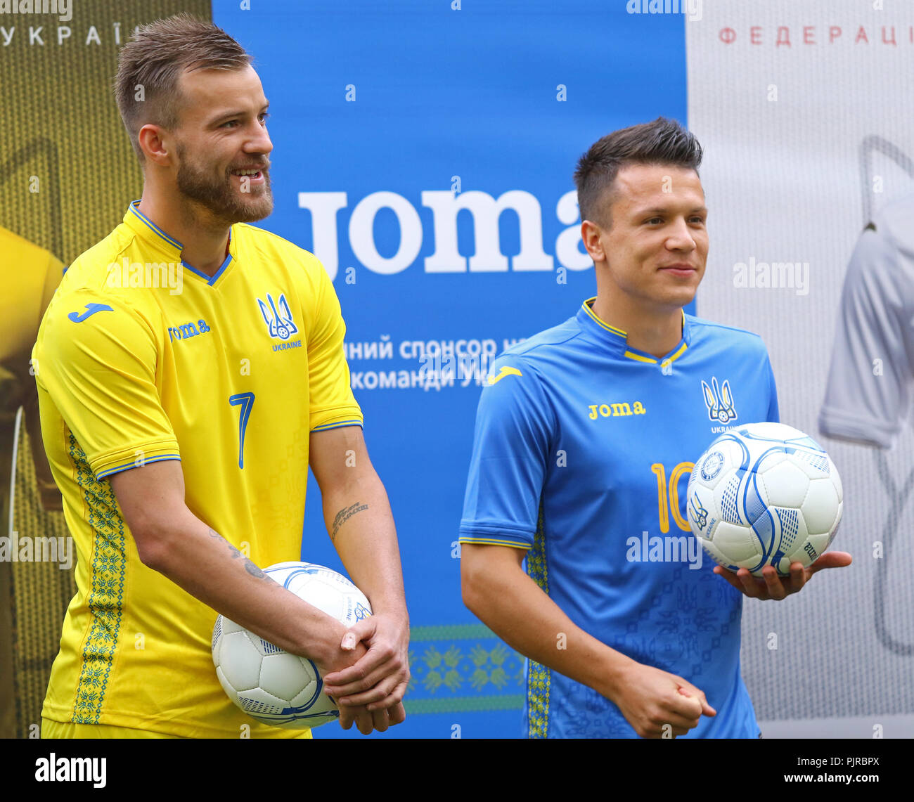 KYIV, UKRAINE - SEPTEMBER 4, 2018: Andriy Yarmolenko and Yevhen Konoplyanka  present the New JOMA jersey of the National Football Team of Ukraine at NS  Stock Photo - Alamy