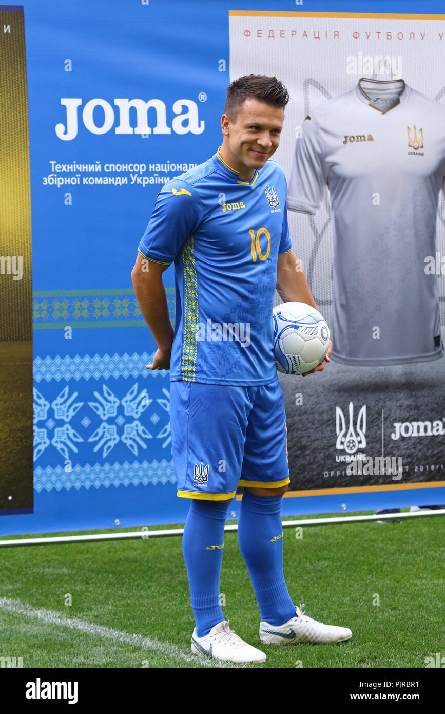 KYIV, UKRAINE - SEPTEMBER 4, 2018: Yevhen Konoplyanka presents the New JOMA  jersey of the National Football Team of Ukraine at NSC Olimpiyskyi in Kyiv  Stock Photo - Alamy