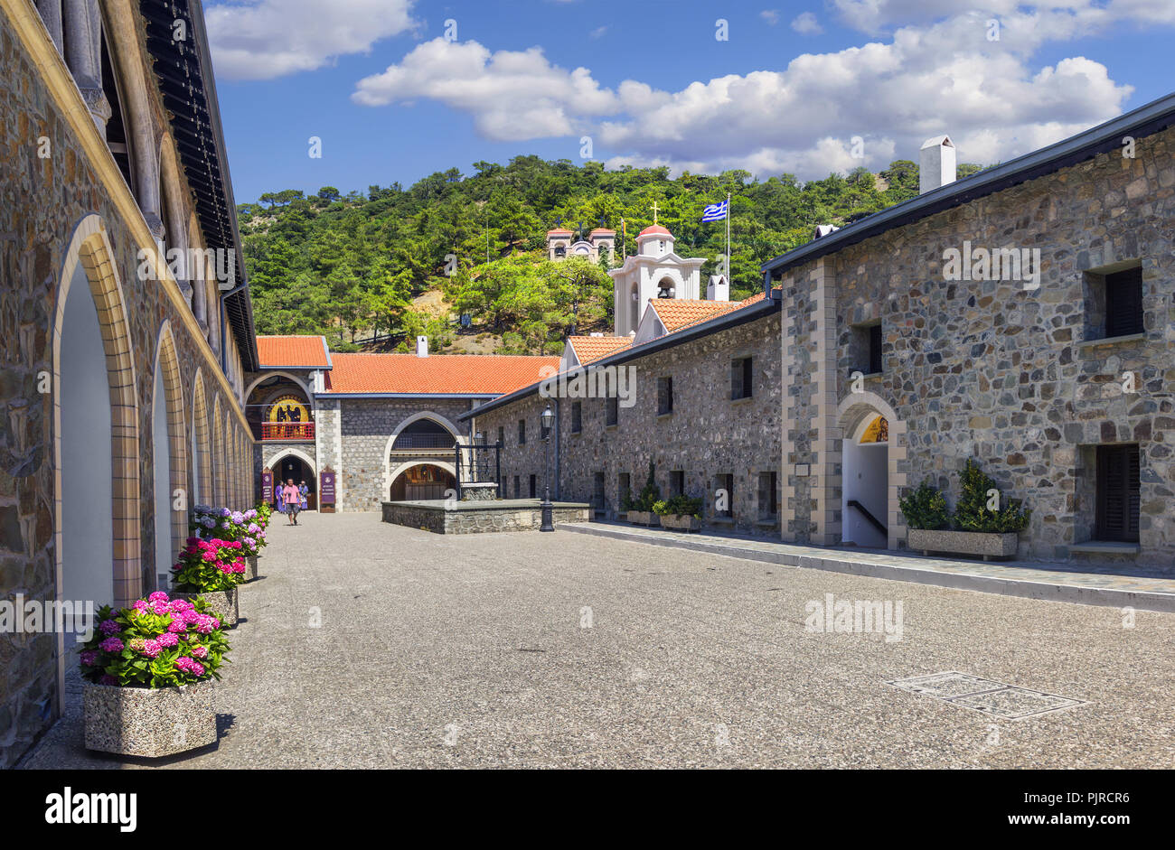 The inner courtyard of the monastery of Kykkos in sunny day. Troodos, Cyprus Stock Photo