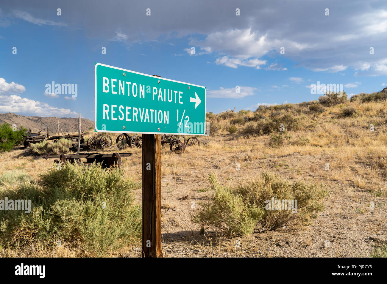 Sign for the Benton Paiute Indian Reservation located in Mono County California Stock Photo