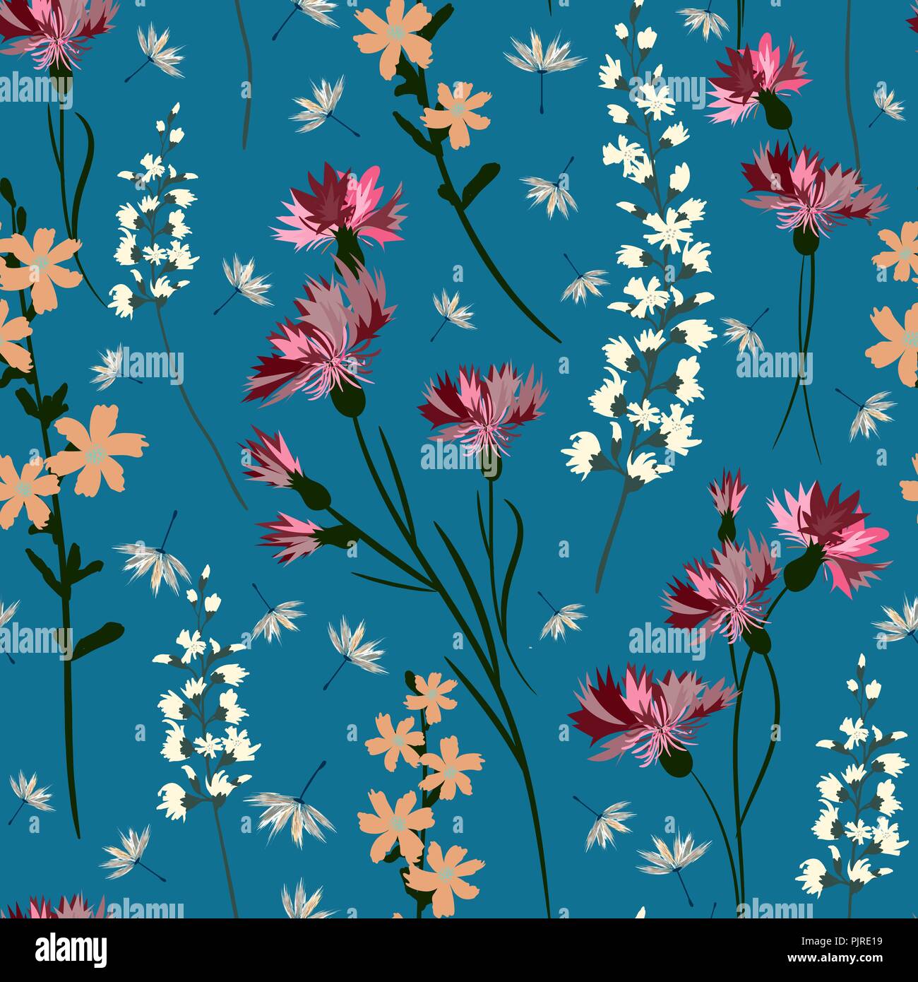 field-flowers, leaves and herbals vector seamless pattern Stock Vector