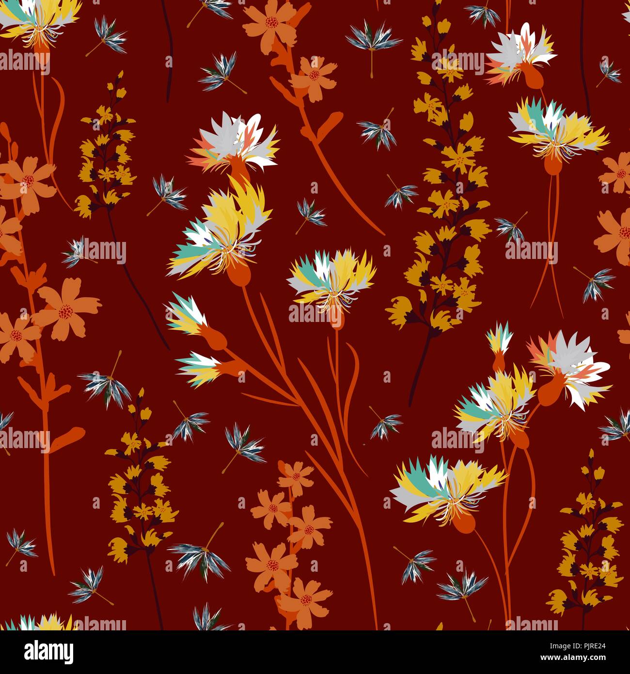 field-flowers, leaves and herbals vector seamless pattern Stock Vector