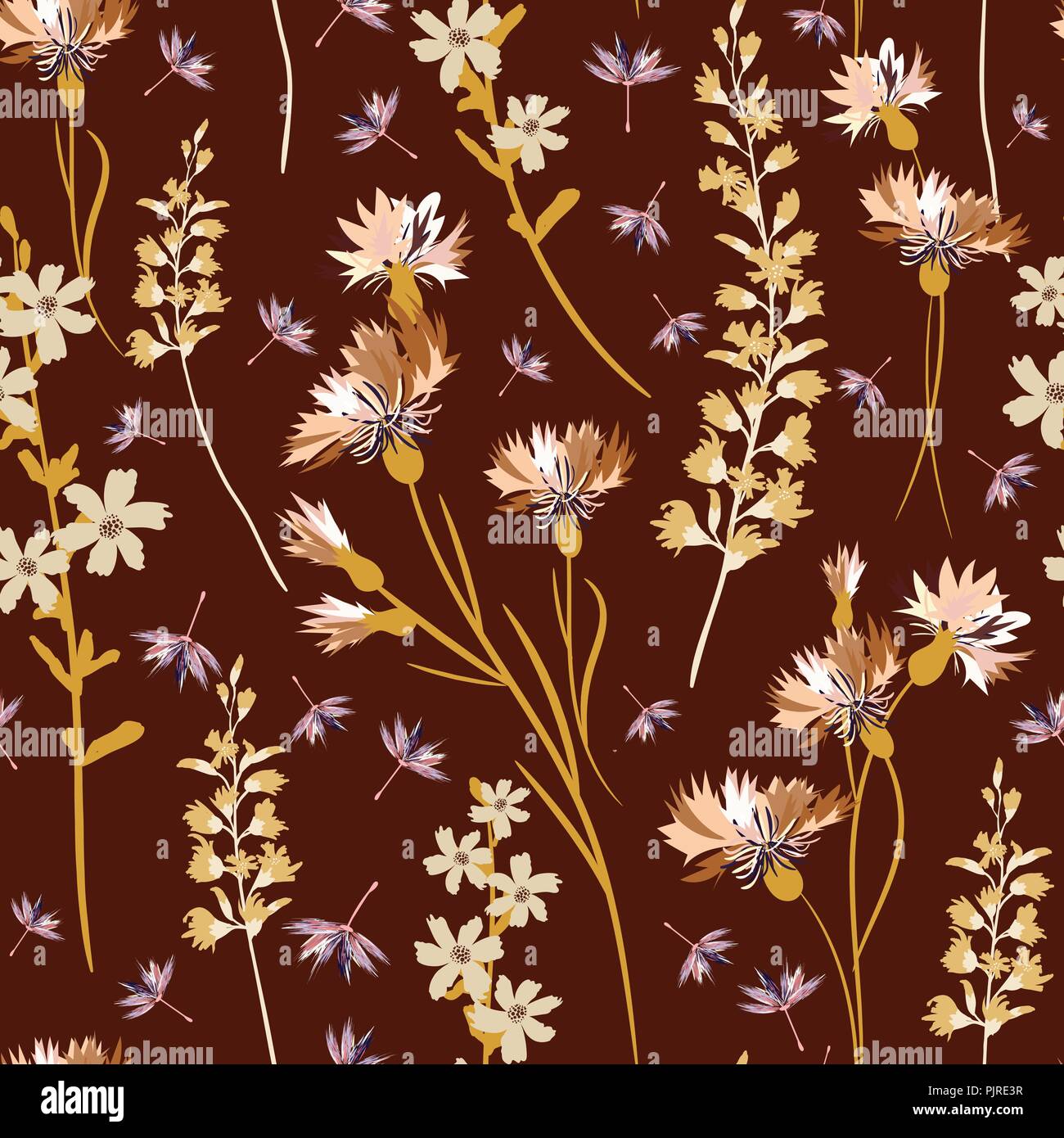 field-flowers, leaves and herbals vector seamless pattern Stock Vector