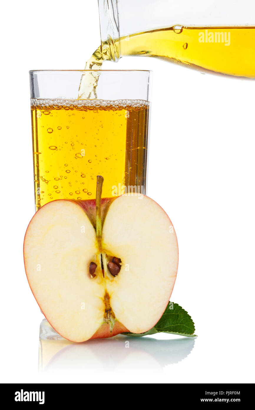 Apple juice pouring pour apples fruit fruits portrait format isolated on a white background Stock Photo