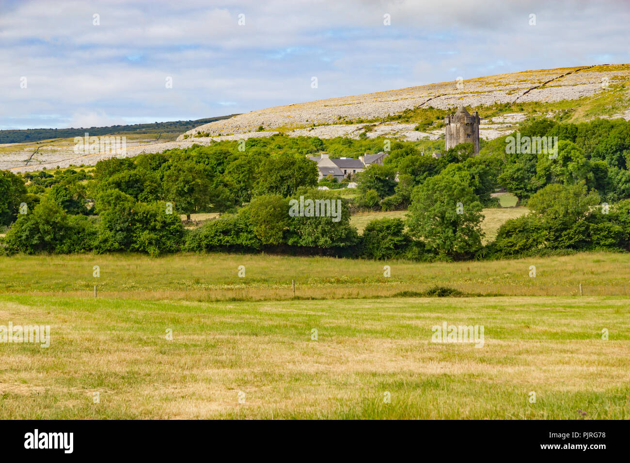 Castle tower with Mountain and vegetation in Ballyvaughan, Ireland Stock Photo