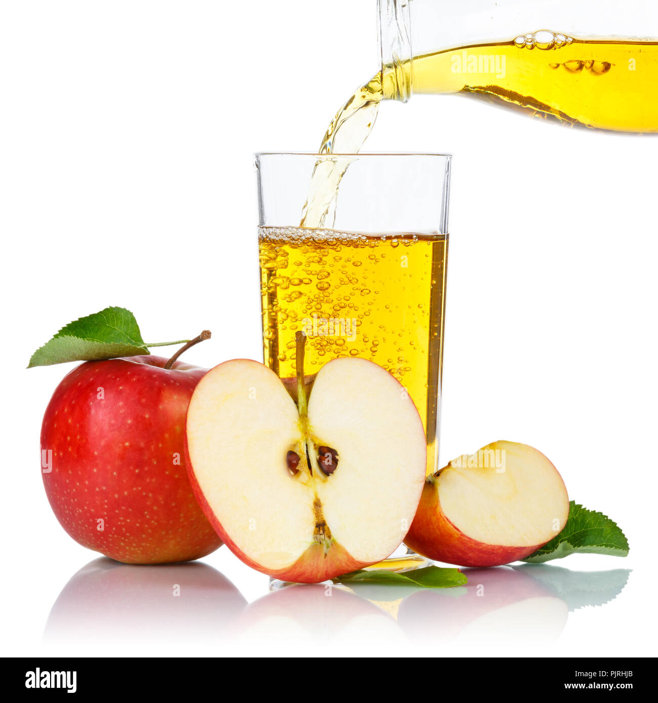 Apple juice pouring pour apples fruit fruits square isolated on a white background Stock Photo