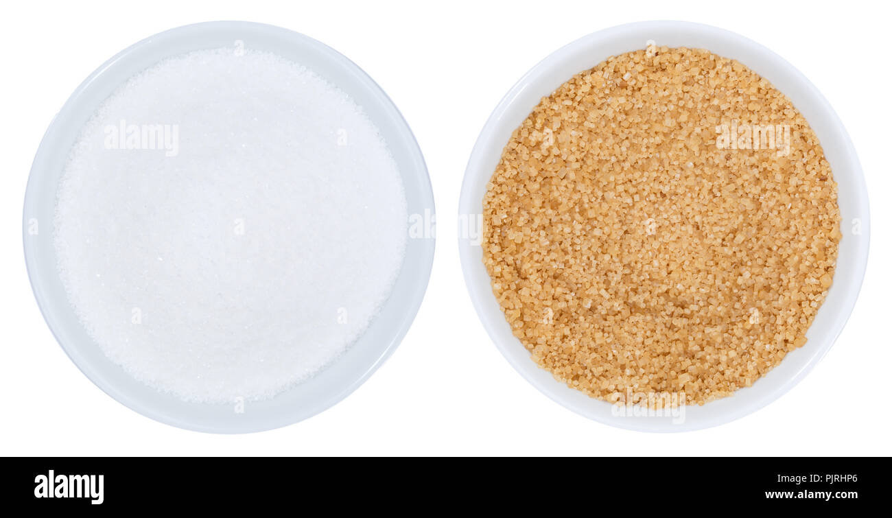 Brown and white cane sugar from above bowl isolated on a white background Stock Photo