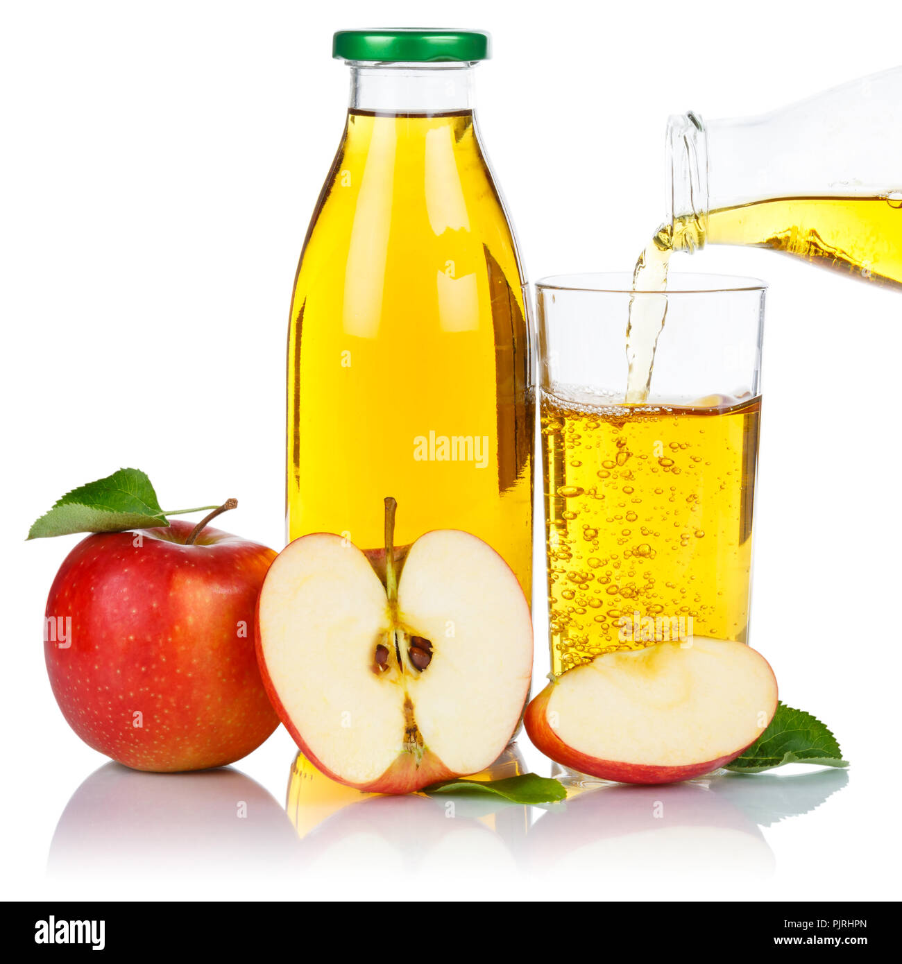 Apple juice pouring apples fruit fruits glass bottle square isolated on a white background Stock Photo