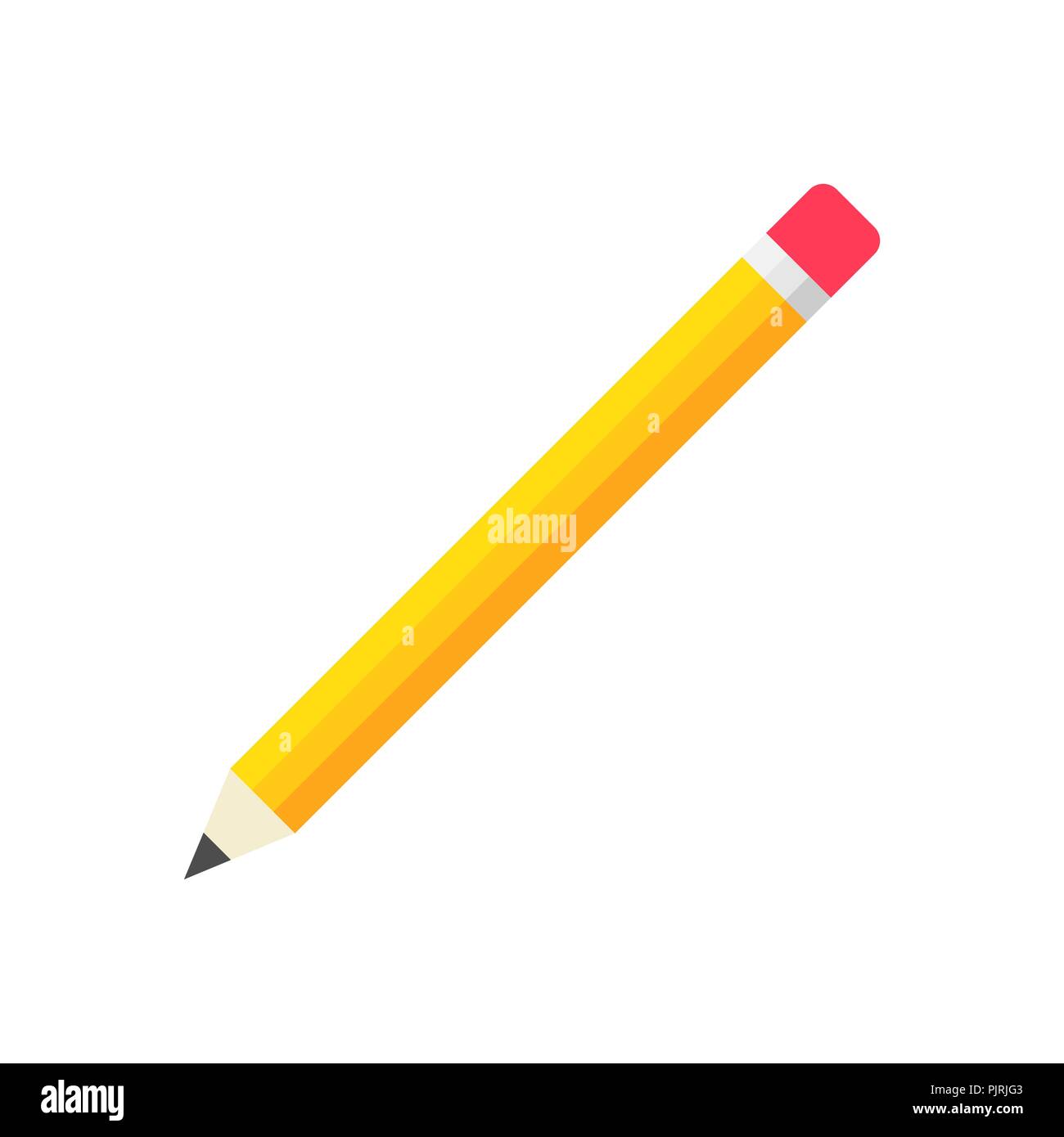 Realistic yellow wooden pencil with rubber eraser icon in flat style