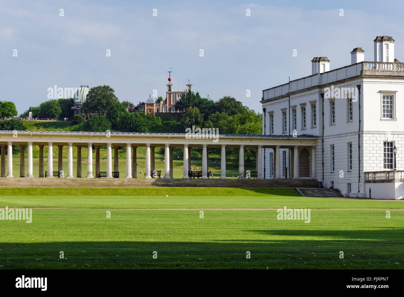 The historic Queen's House in Greenwich Park with The Royal Observatory in the background, London, England, United Kingdom, UK Stock Photo