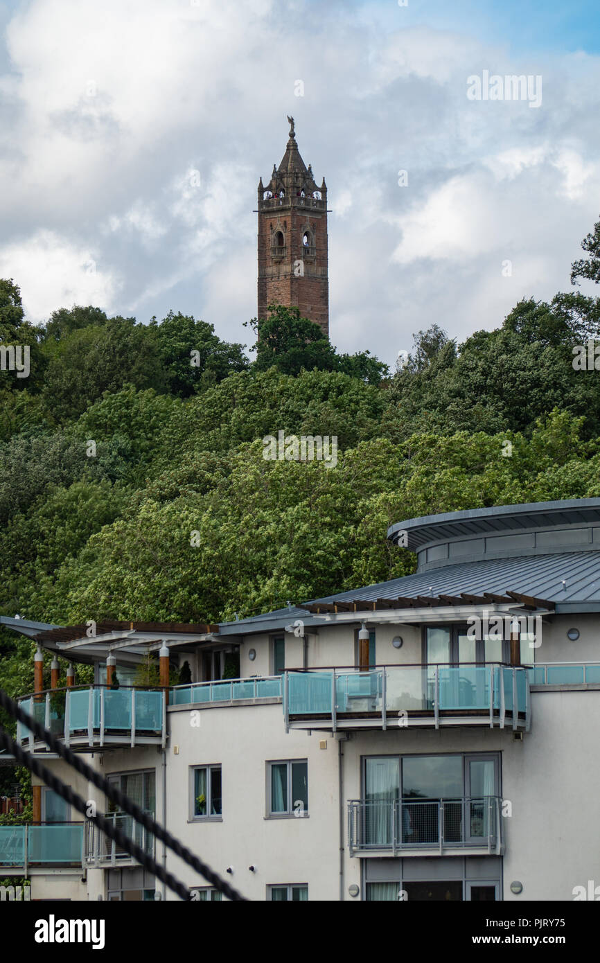 The Cabot Tower rises above the trees on Brandon Hill on the skyline of Clifton, Bristol Stock Photo