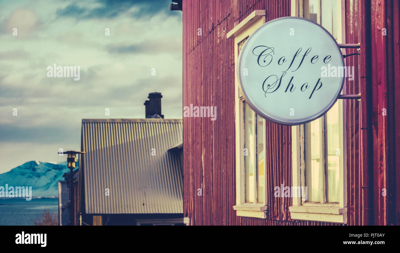 A Coffee Shop In Reykjavik, Iceland, With Snowy Mountains In The Distance Stock Photo Alamy