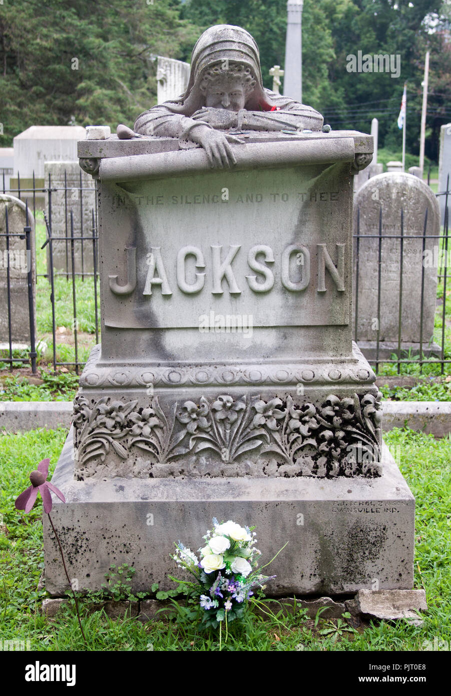 Crying Woman Grave in Parkersburg, West Virginia—a haunting statue of grief and love watches over this historic cemetery plot. Stock Photo
