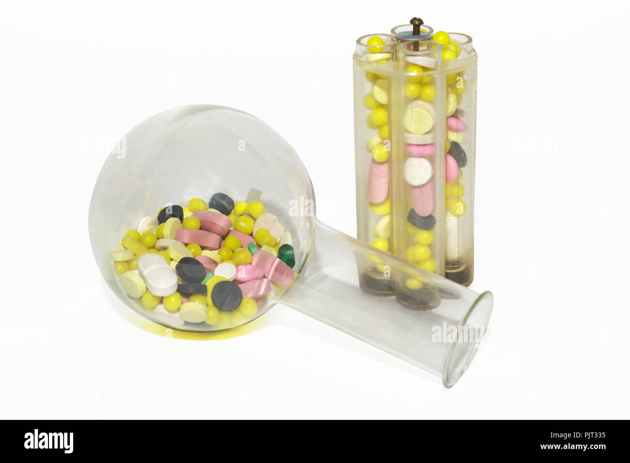 specialized equipment of research laboratory, with colored pills ...