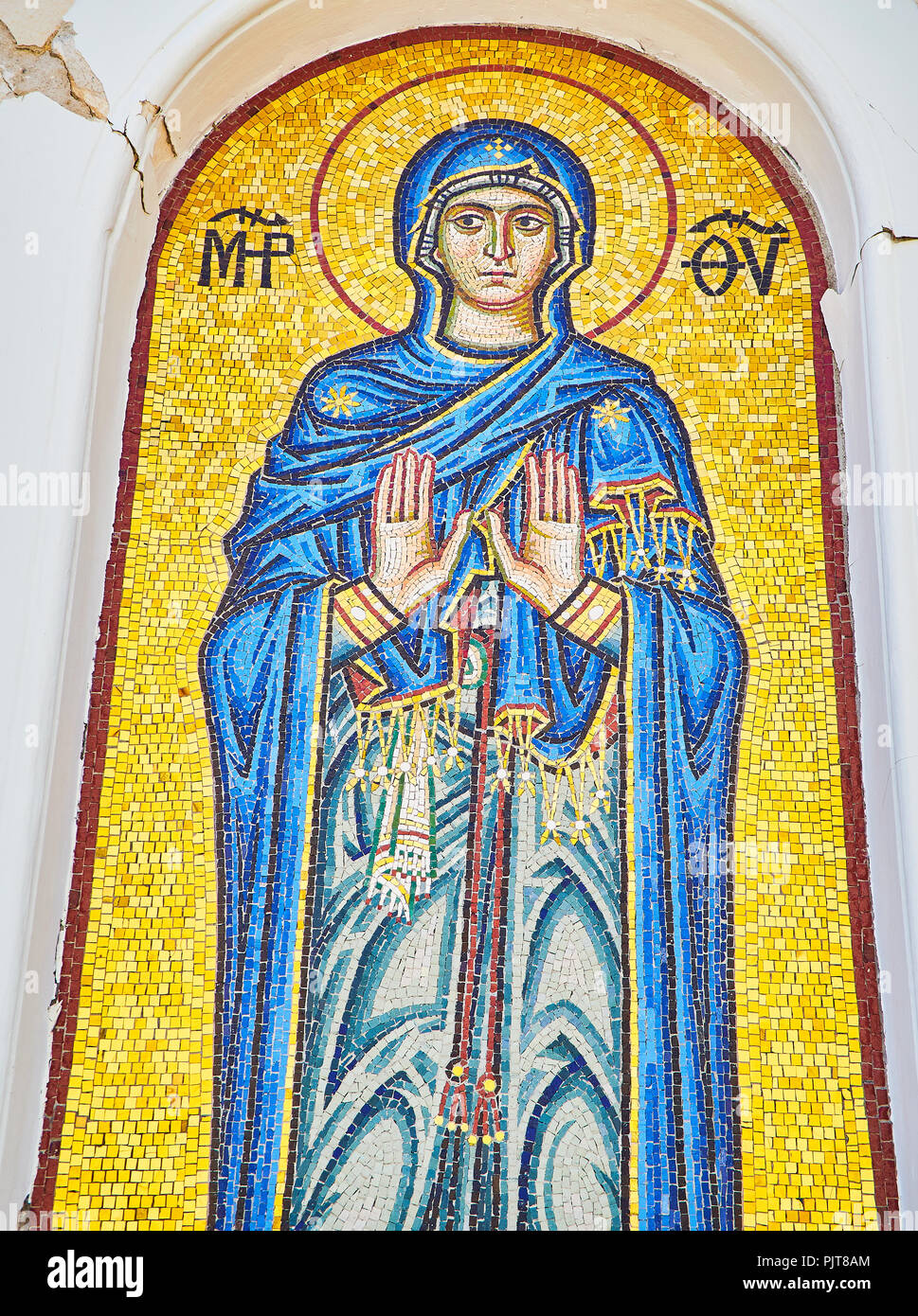 Kos, Greece - July 3, 2018. Byzantine-style mosaics representing Virgin Mary on the principal facade of the Church of Agia Paraskevi. South Aegean. Stock Photo