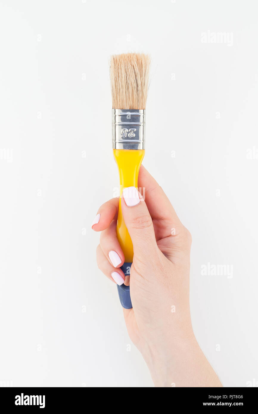 Creative image of woman hand holding new paint brush with copy space ...