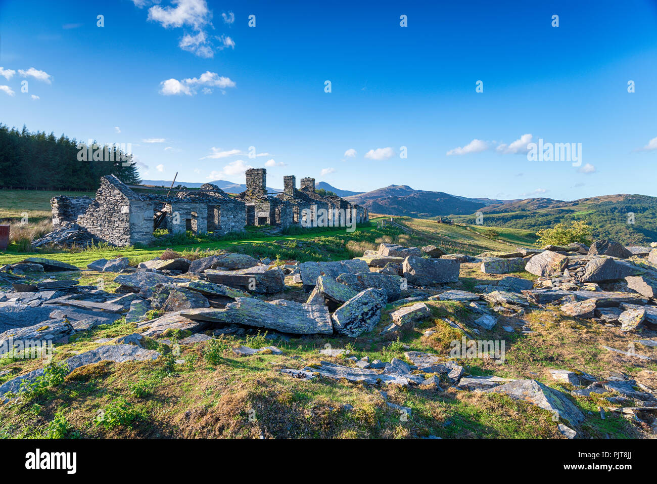 Ruins at Rhos Quarry on the side of Moel Siabod mountain near Capel Curig in Snowdonia National Park in Wales Stock Photo