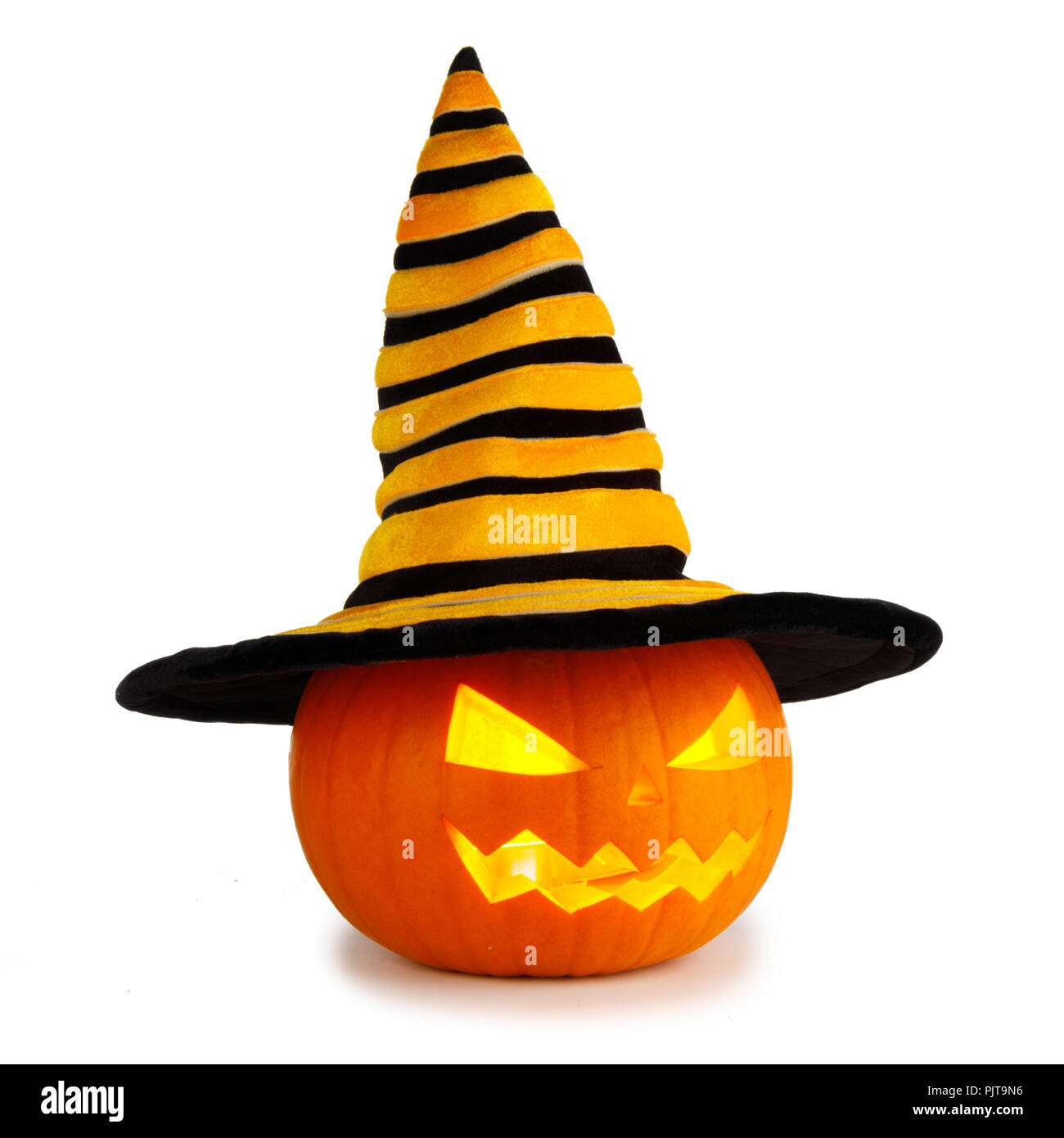 Jack O Lantern Halloween pumpkin with witches hat isolated on white ...