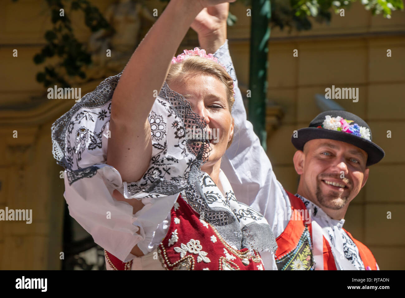 PRAGUE, CZECH REPUBLIC - JULY 1, 2018: People in Moravian folk costumes parading at Sokolsky Slet, a once-every-six-years gathering of the Sokol movem Stock Photo